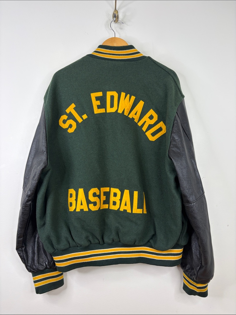 Vintage Varsity Jacket mens 3XL Green Wool Black Leather Baseball Letterman Y2K